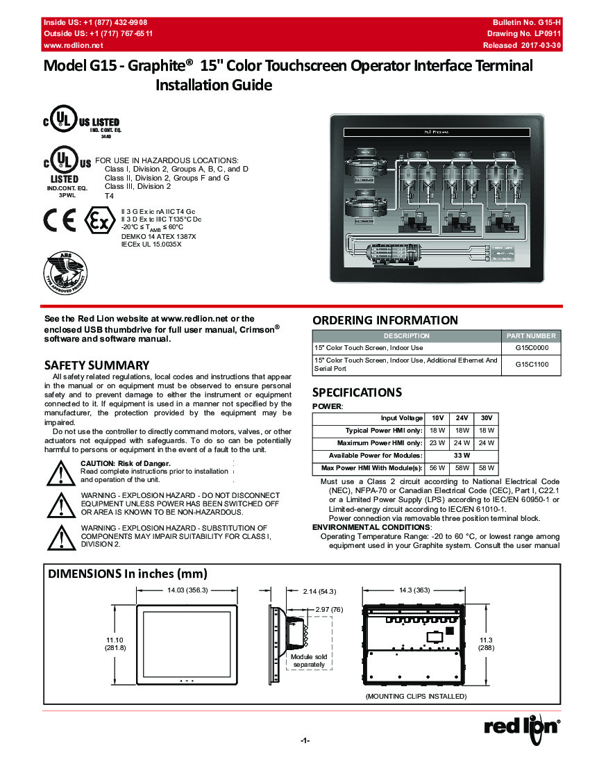 First Page Image of G15C1100 Installation Guide Red Lion Graphite HMI.pdf